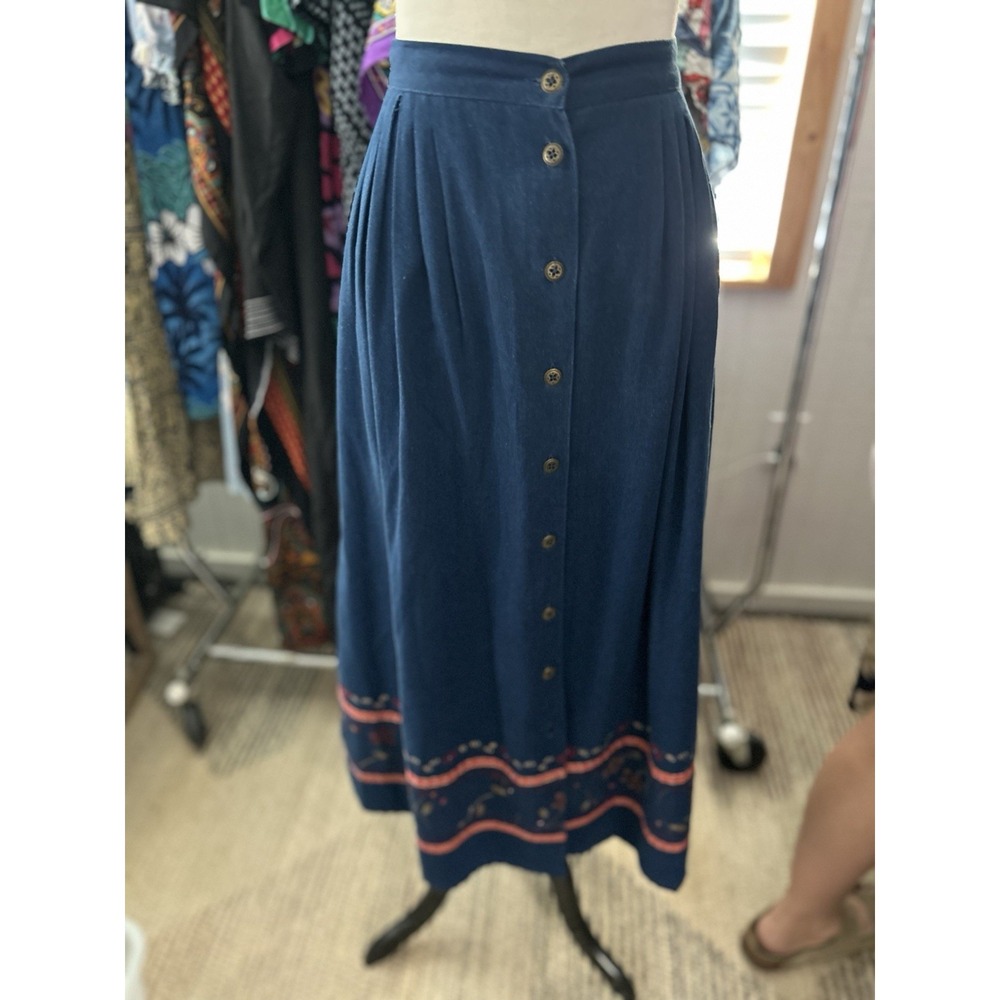 Vtg Napa Valley Midi Skirt 14 Blue Lace Trim| Full Button Cottage Prairie Boho